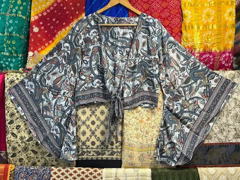 Floral Printed Silk Crop Top, Bell Sleeve Silk Wrap Around Top, Front Tie Summer Silk Tie Top, Hippie Beach Wear Silk Top,