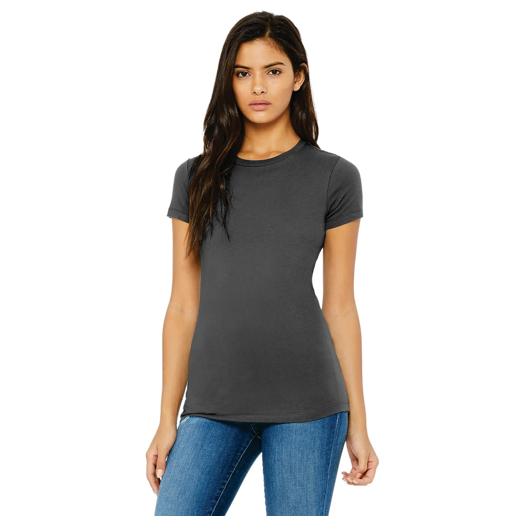 Shoulder Taping Longer Body Length 100% Airlume Combed and Ring Spun Cotton 32 Single 4.2 oz Asphalt Womens Slim Fit T-Shirt