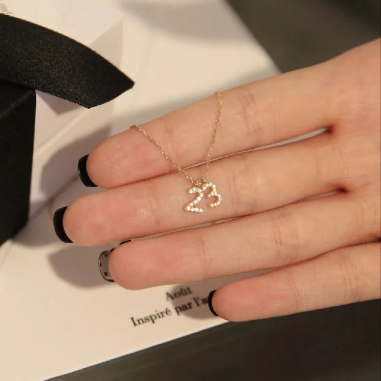 Personality simple 925 sterling silver plated 18K gold diamond number 23 pendant necklace clavicle chain