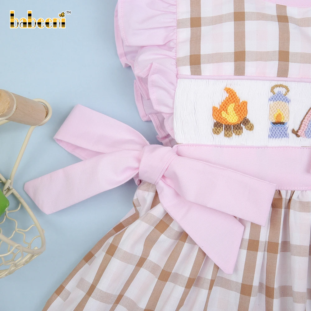 Camping hand smocked plaid dress ODM customized hand made embroidery wholesale smocked dresses - BB2922