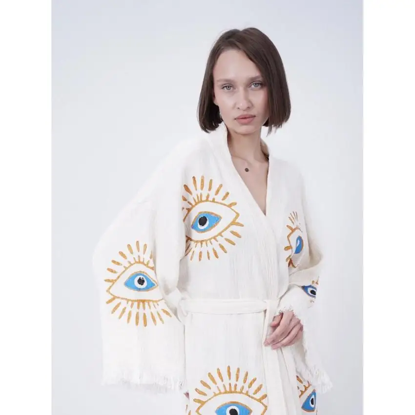 OEM Custom Logo Design Evil Eye Embroidered Long Sleeve Boho Kimono Style Beach Cover-Up Women Floor-Length Pattern Vacation
