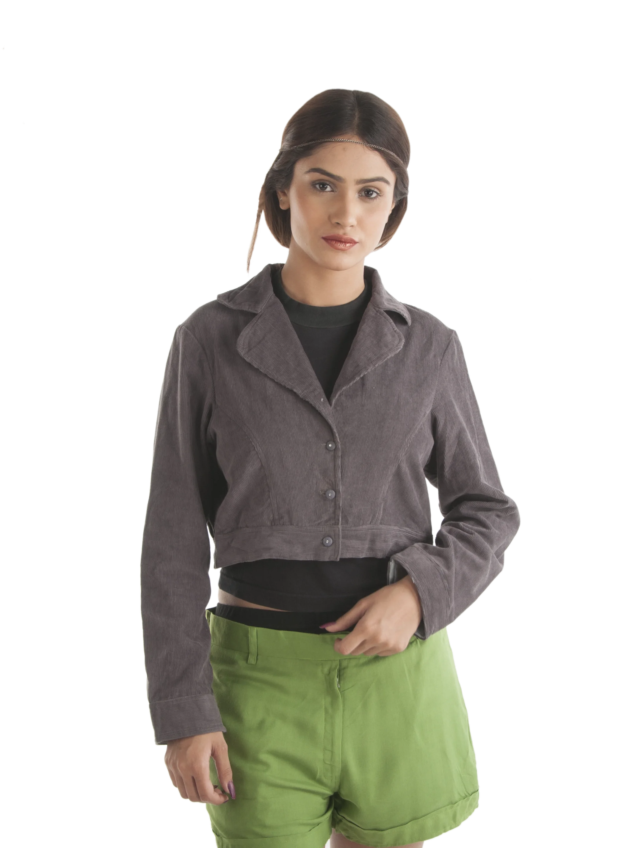 Latest 2024 New Style Corduroy Short Cotton Bomber Jacket with Coat Collars and Buttons for Girls Available at Wholesale Price