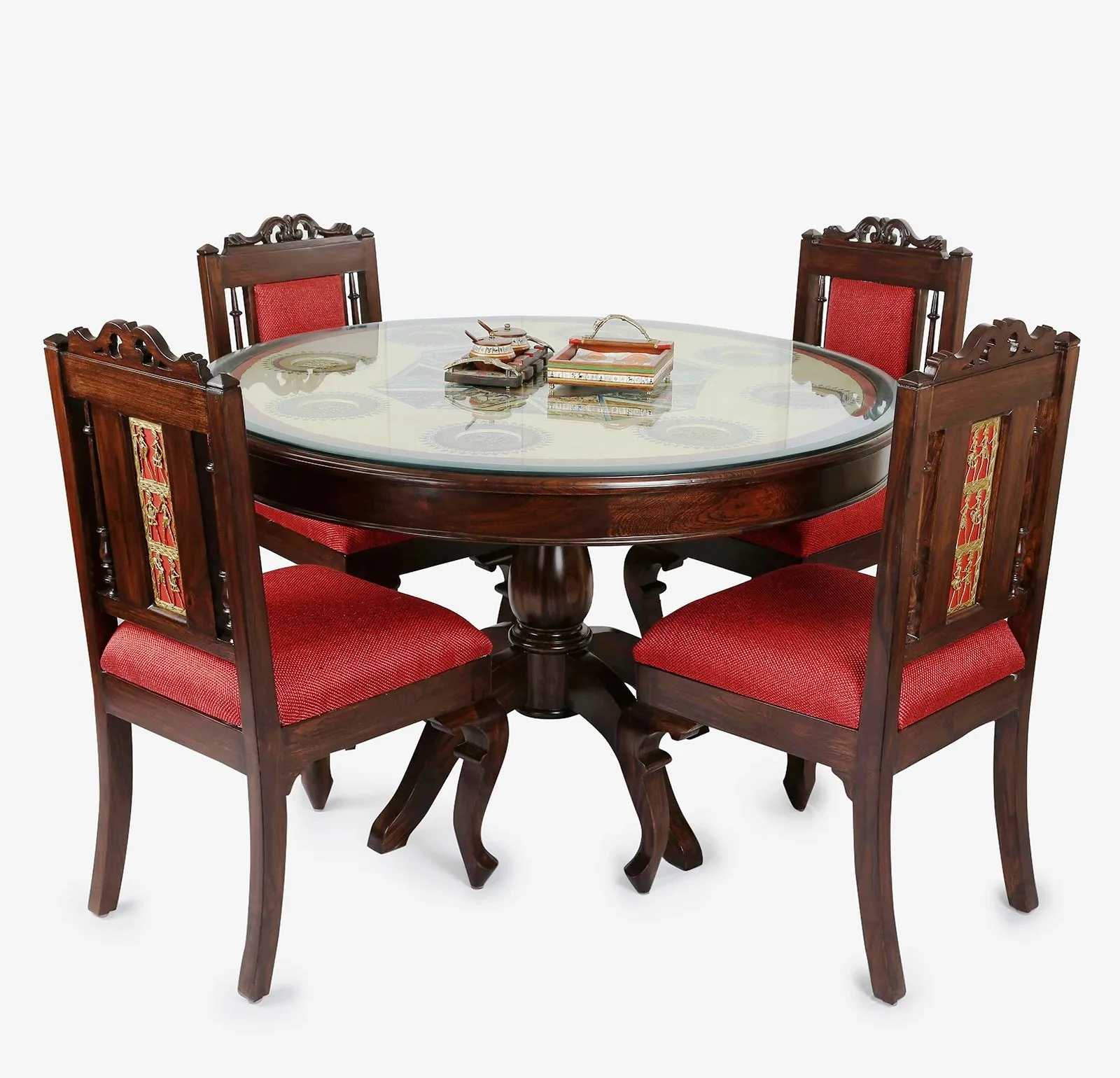 Hot Sale High Quality Modern Luxury Royal Restaurant Furniture Solid Teak Wood Carved Dining Table & 4 Chair For Restaurant Sets