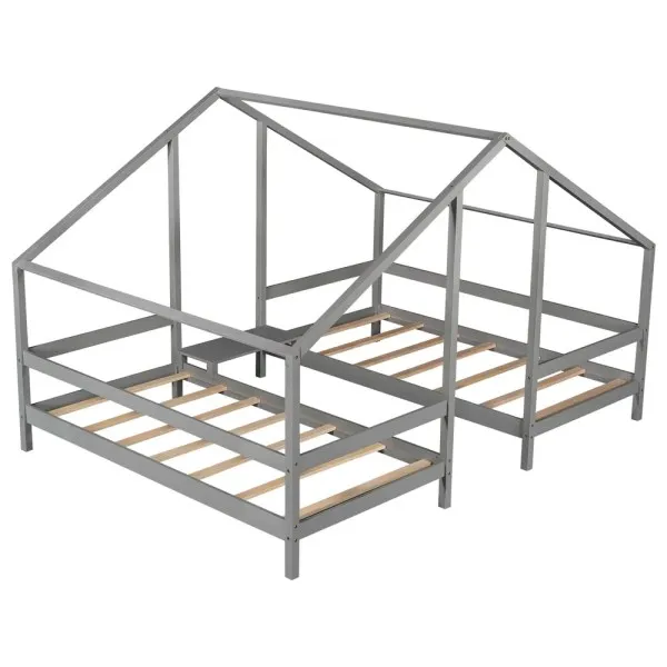 Double Twin Size Triangular House Beds with Built in Table Gray for Kids OEM Supplier from Vietnam Following Your Brand