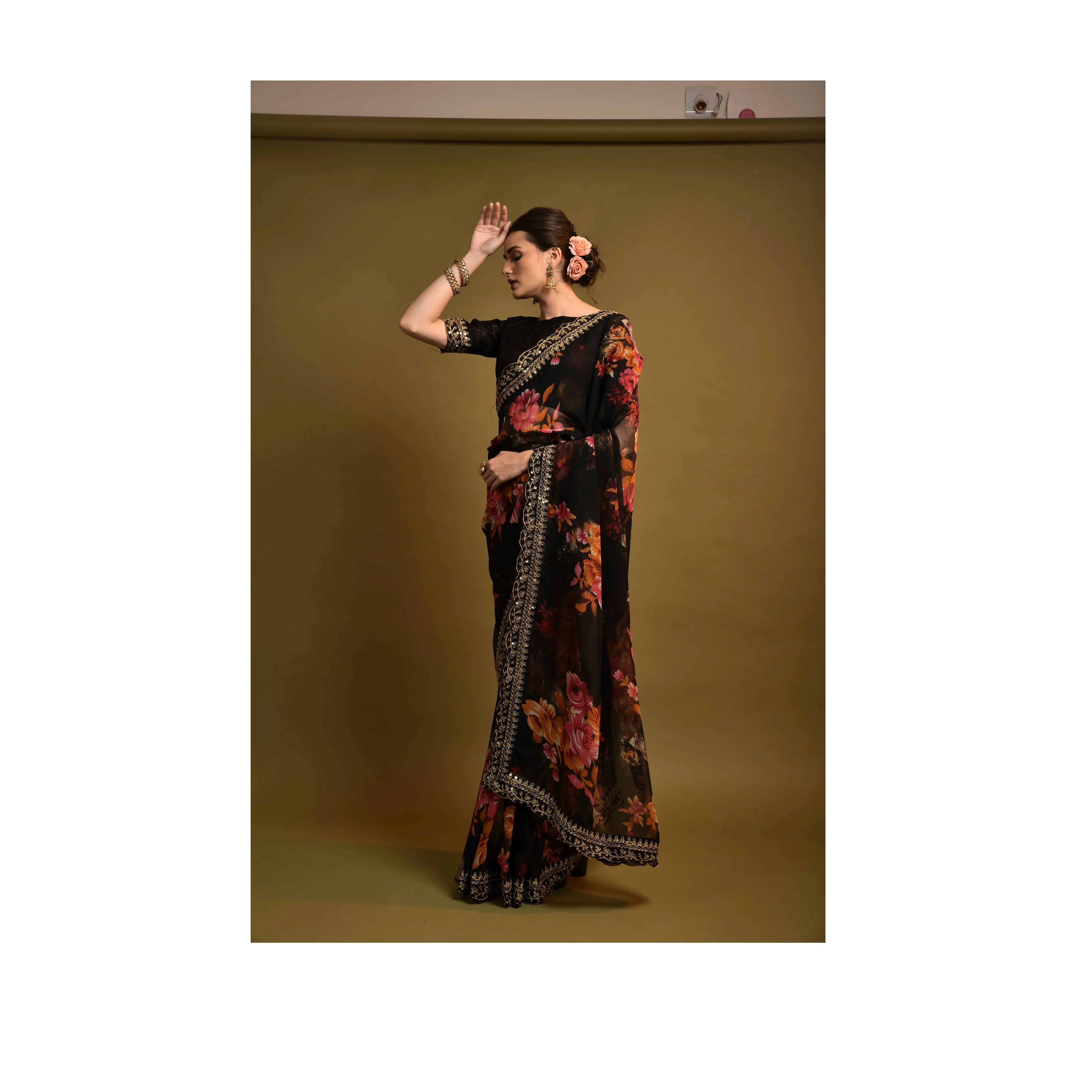 Premium Quality Organza Digital Printed Saree with Embroidery Lace for Party Wear at Wholesale Price for Export