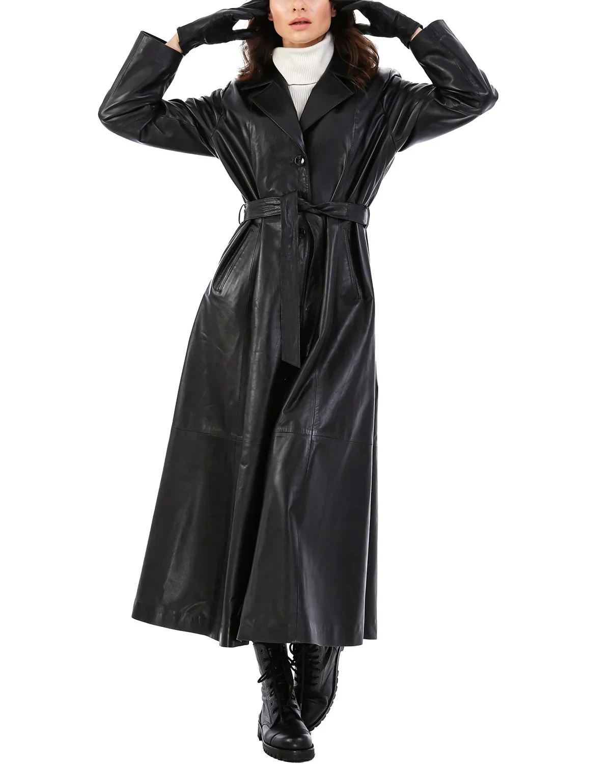 Women Real Sheep Leather Trench Coat Lapel Collar Belted Classic Black Long Trench Coat with Button Closure