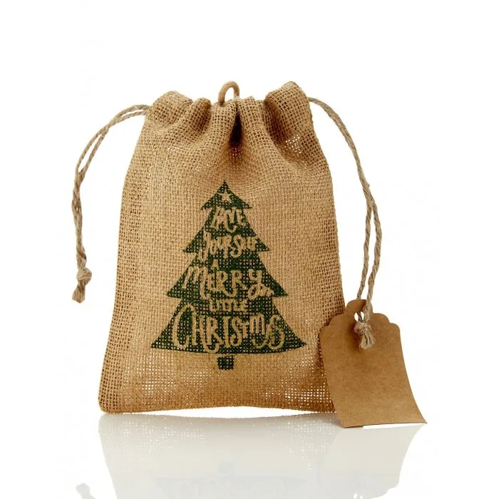 Christmas Burlap Jute Drawstring Promotional Gift Bags for Holiday Gift Wrapping