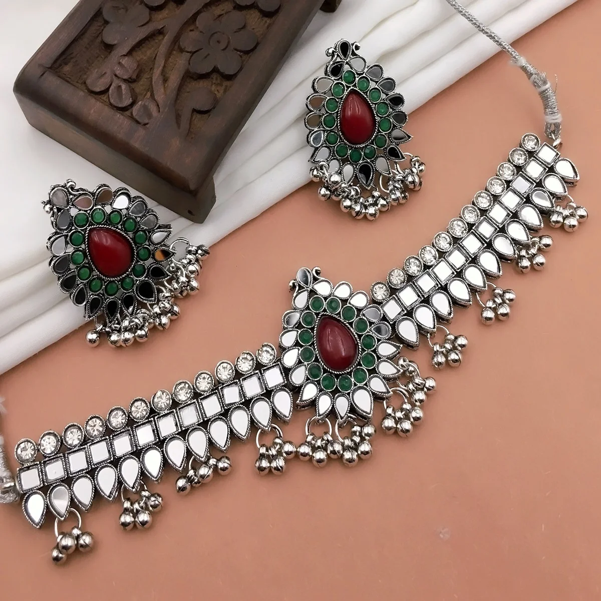 Indian Oxidized Jewellery Choker Necklace Traditional Jewellery Wedding Wear  and Bell Charms Dangle Earring For Women, Silver