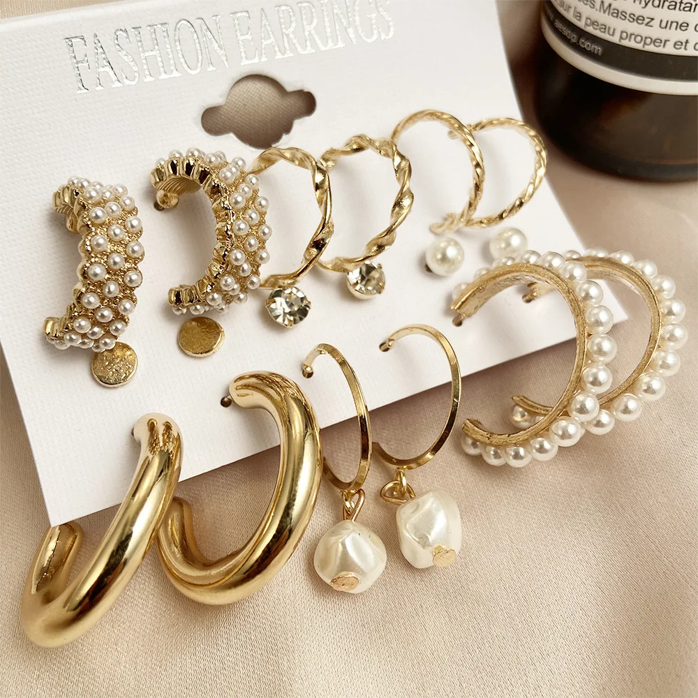 Vintage Gold Silver Color Metal Chain Hoop Earrings Set For Women Fashion Pearl Circle Hoop Earrings 2022 Trend Jewelry /
