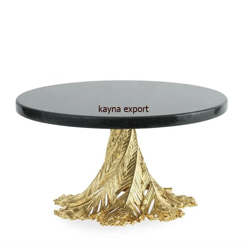 Luxury Decorative gold metal leaf designer cake stand with black marble top wedding decoration cupcake stand