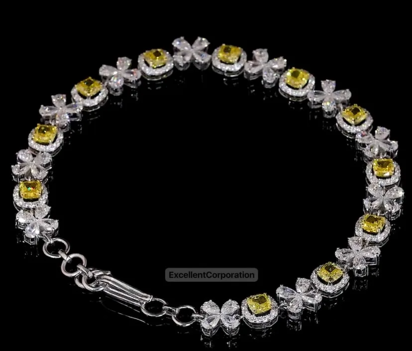 Lab Diamond 7 Inches Tennis Bracelet 4x4mm Cushion Fancy Vivid Yellow CVD VVS VS 14k White Gold for Women Fine Jewelry Bracelet
