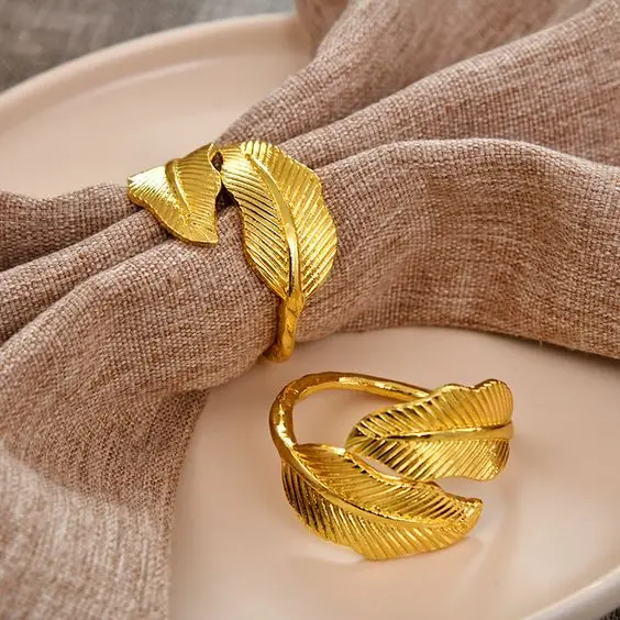 Buy Wholesale Golden Metal Napkin Ring Bulk Set Leave Shape Luxury Style Metal Bands for Wedding Decoration Napkin Rings