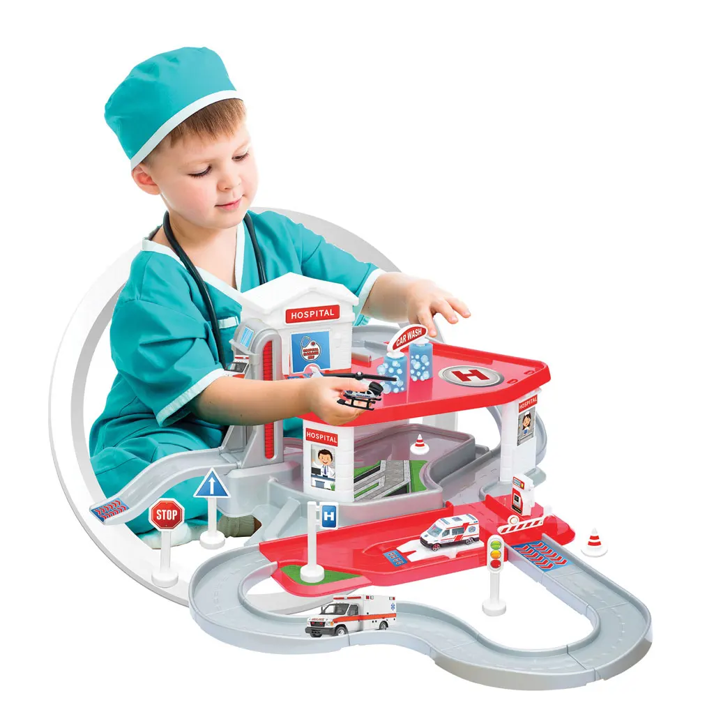 2 Level Hospital Garage Set and Mega Pist Include 1 Metal Helicopter 1 Metal Car Toy for Kids Fun Parking Garage Slot Wholesale