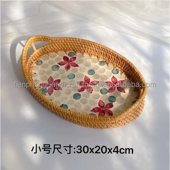 Handwoven Rectangle Rattan Mosaic Tray Natural Serving Tray for Coffee Table Gift for Mom Inspired by Mother of Pearl
