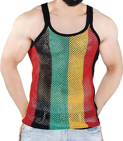 100% Cotton Rasta String Mens Vest Mesh Fishnet Shirts Jamaican Marina Fitted Striped Adults Sport Tank Top Suitable (XL Rasta)