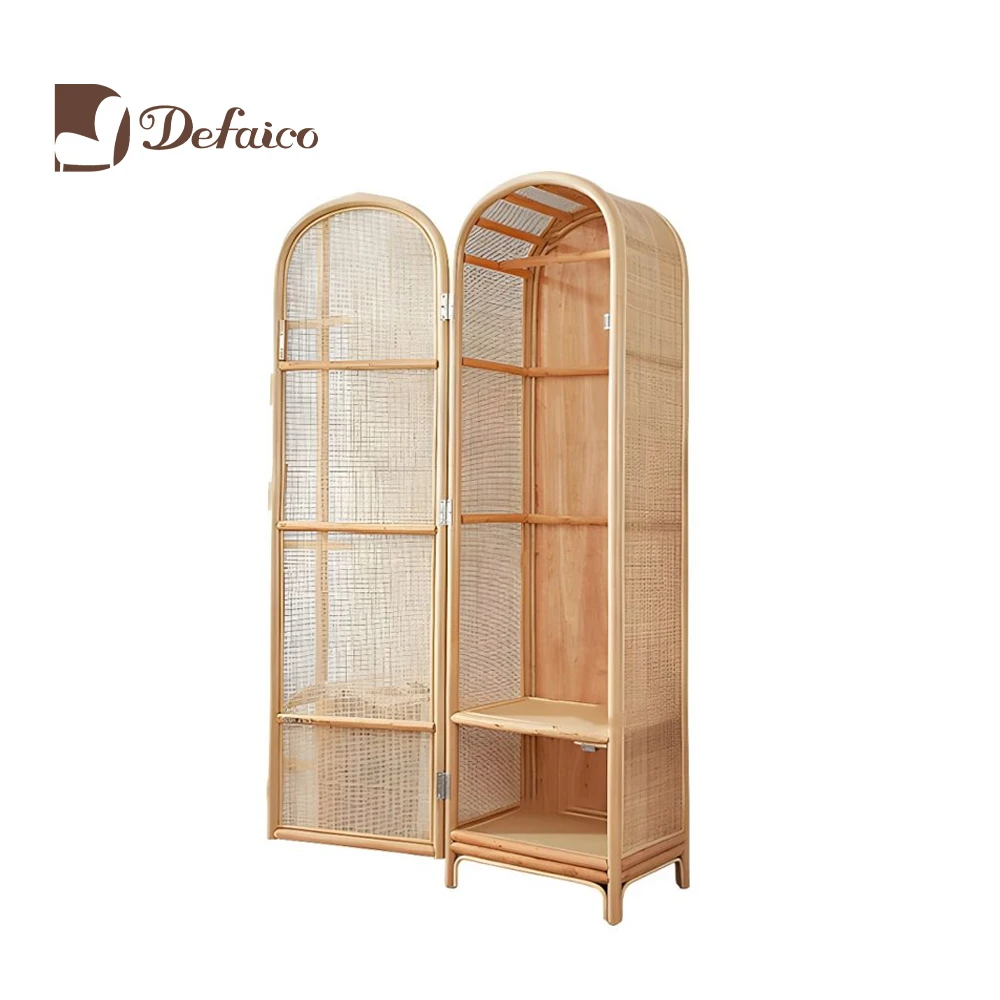 New Design Factory Price Bedroom Furniture Wabi-Sabi Wardrobes Rattan Single Door Arched Armoire with Shelf