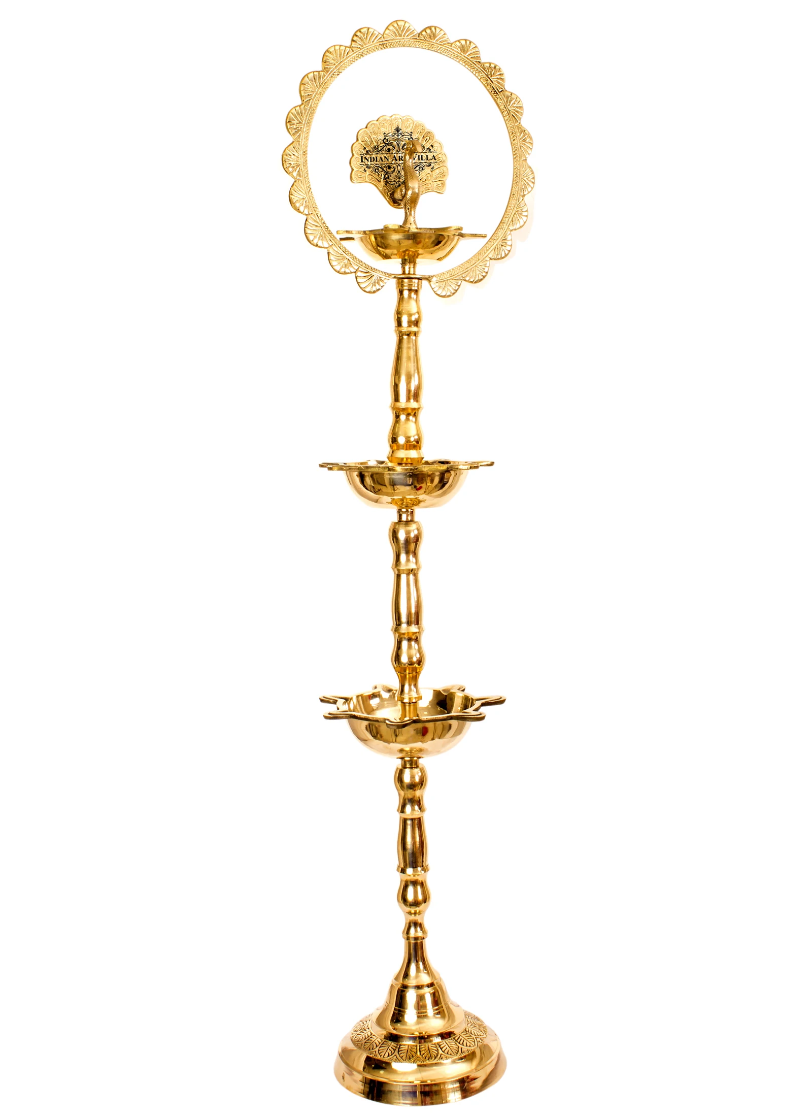 Indian Art Villa Pure Brass Oil Lamp Stand/Pillar 3 Step Diya/Deepak/Lamp/Lantern With Peacock Design, Pooja, Home Decor