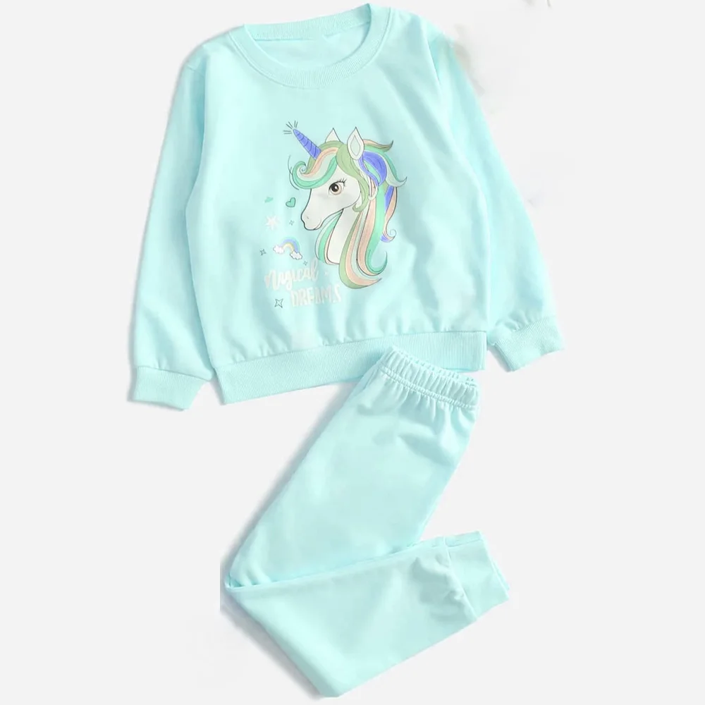 OEM  Custom Logo High Quality Kids Girls Unicorn Tracksuit / Factory Price Adjustable Crew Neck Tracksuit For Kids Girls