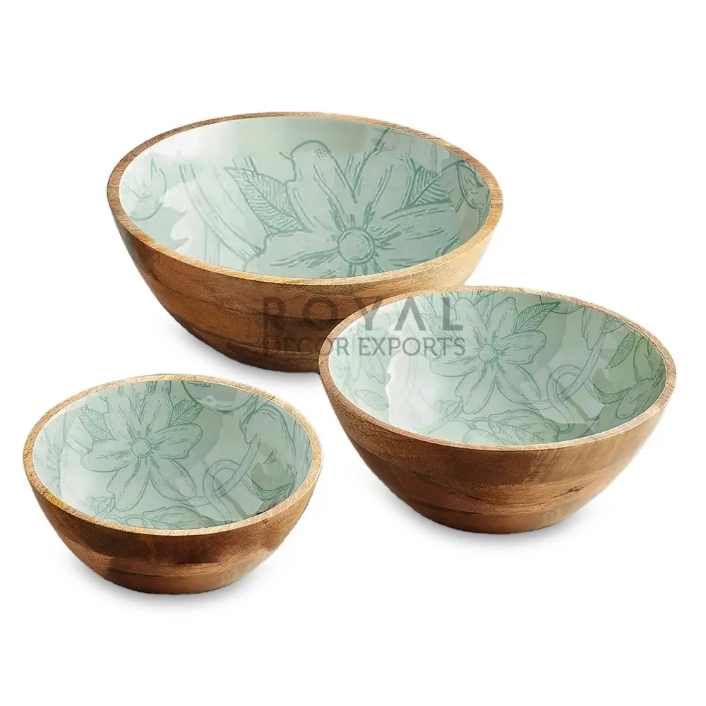 Mango Wood Serving Bowl Wooden Multipurpose Snack Salad Bowl With Enamel Indian Handmade Natural Wooden Centerpiece Bowl