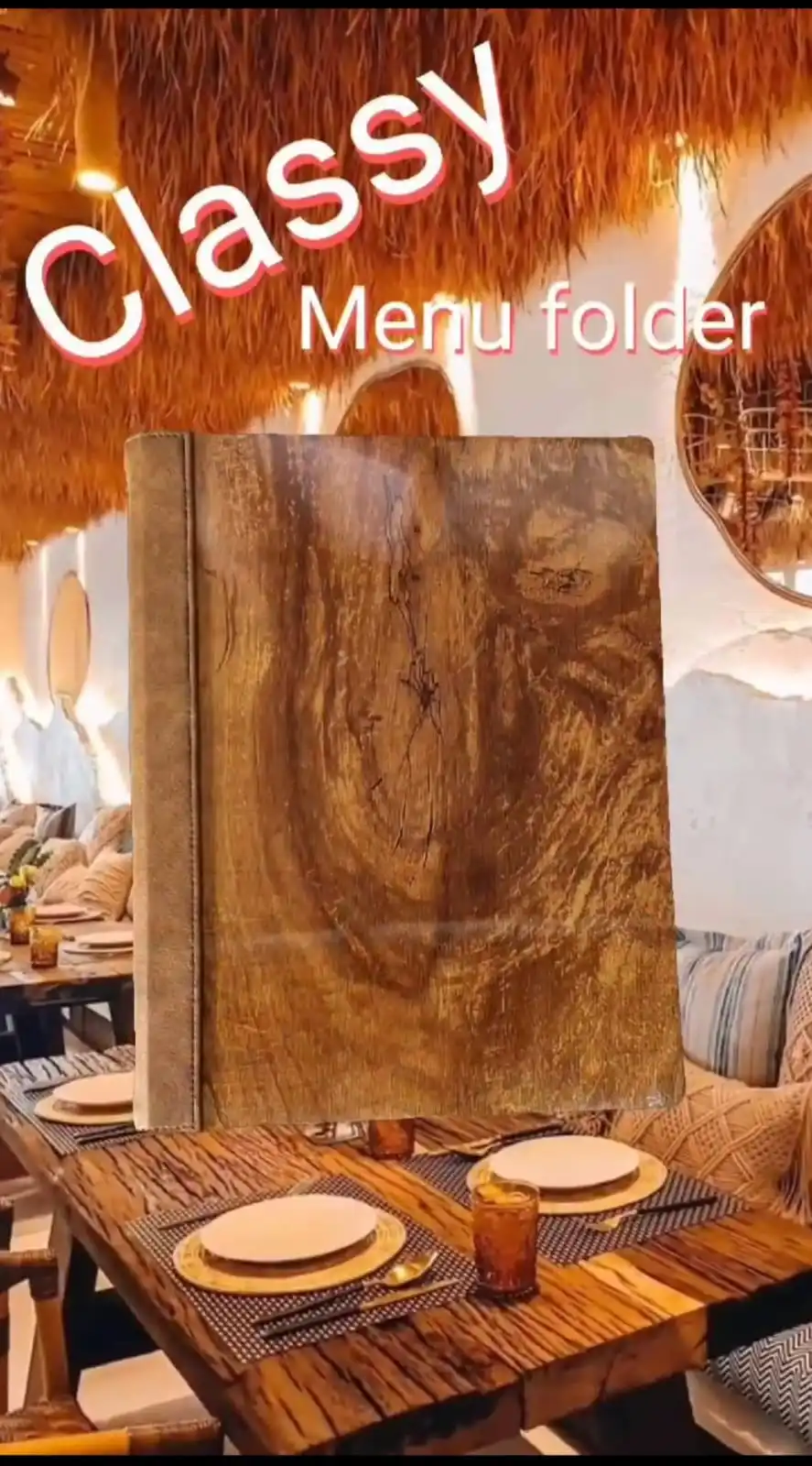 Wooden new design menu folder with beautiful design and logo engraved inside leatherette material with 3 screws
