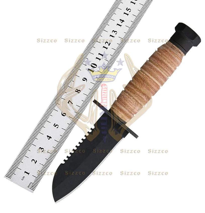 Beautiful Sizzco Black Powder Coated Stainless Steel Fixed Blade Hunting Camping Skinner Knife Handle Leather Strip