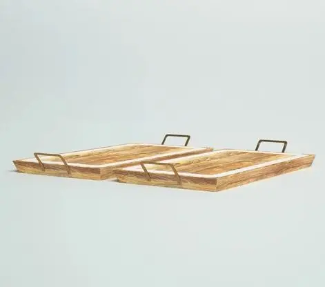 set of 2 piece decorative Wooden Serving trays with metal handle Breakfast Tray for Bed Ottoman Dinner Party & Multipurpose use