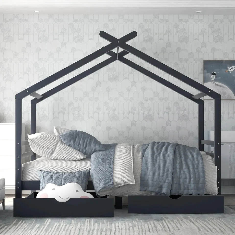 Montessori White Toddler Trundle Bed with 2 Drawers Single Bed Bedroom Furniture Wood Material for Home Decor