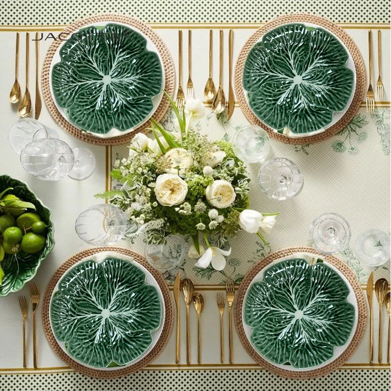 Bowl Coffee Mark Cup Ceramic Dinnerware Sets Green Cabbage Shape Porcelain Plate Set Wholesale Retail