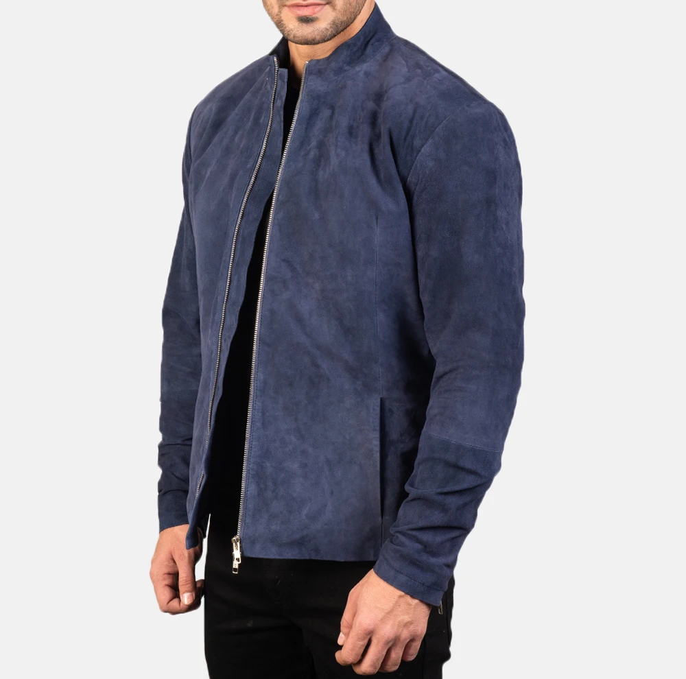 Blue Suede leather bomber jacket/OEM custom blue suede leather jacket/Wholesale genuine suede fashion fitted leather jacket men