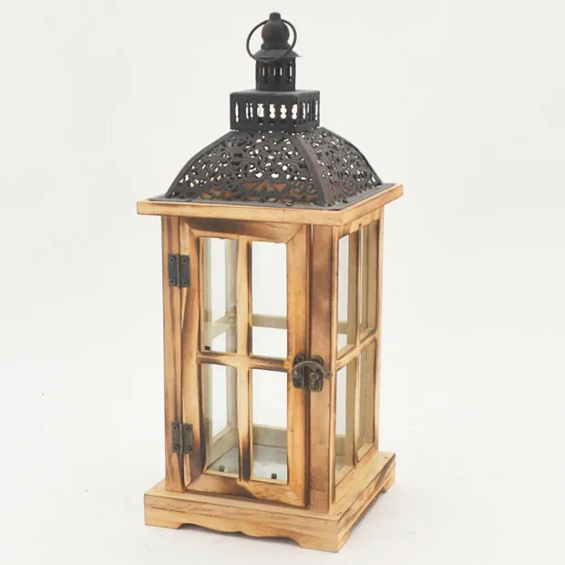 Hot Selling Fancy Style Home And Garden Wood Glass Lantern For Candle With Stainless Steel Top