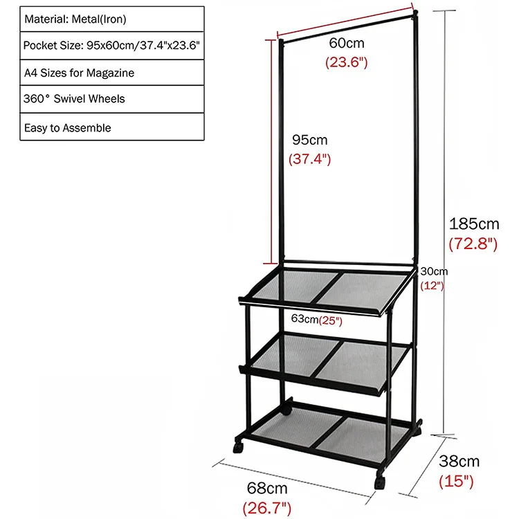 JH-Mech Poster Sign Display Stand Portable Rolling Literature Magazines Rack with 3 Pockets Large Metal Floor Sign Holder Stand