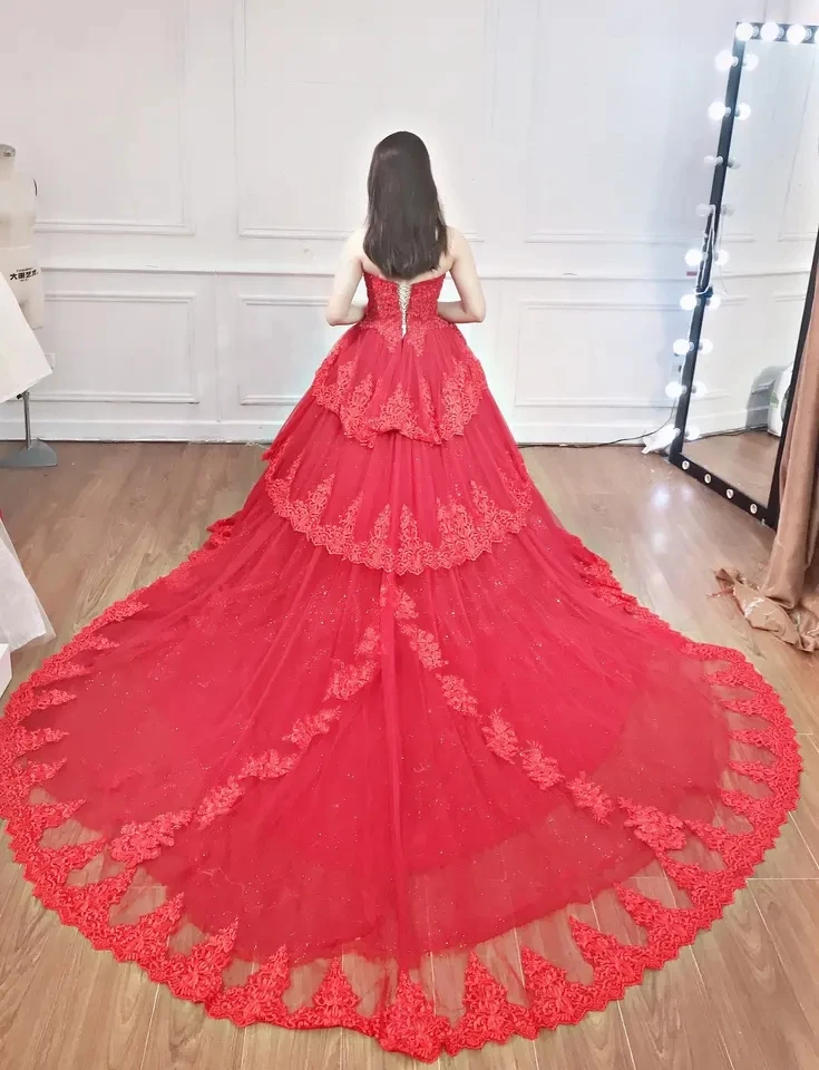 High Quality wedding dress wholesale ball gown off-shouder flowers lace beads add beading red color  TNBP50