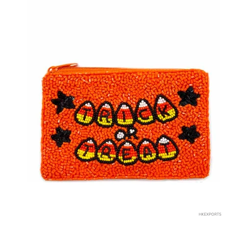 Handmade Trick and Treat Halloween Multicolor Beaded Clutch Unique Design with Orange, Black, and Purple Beads