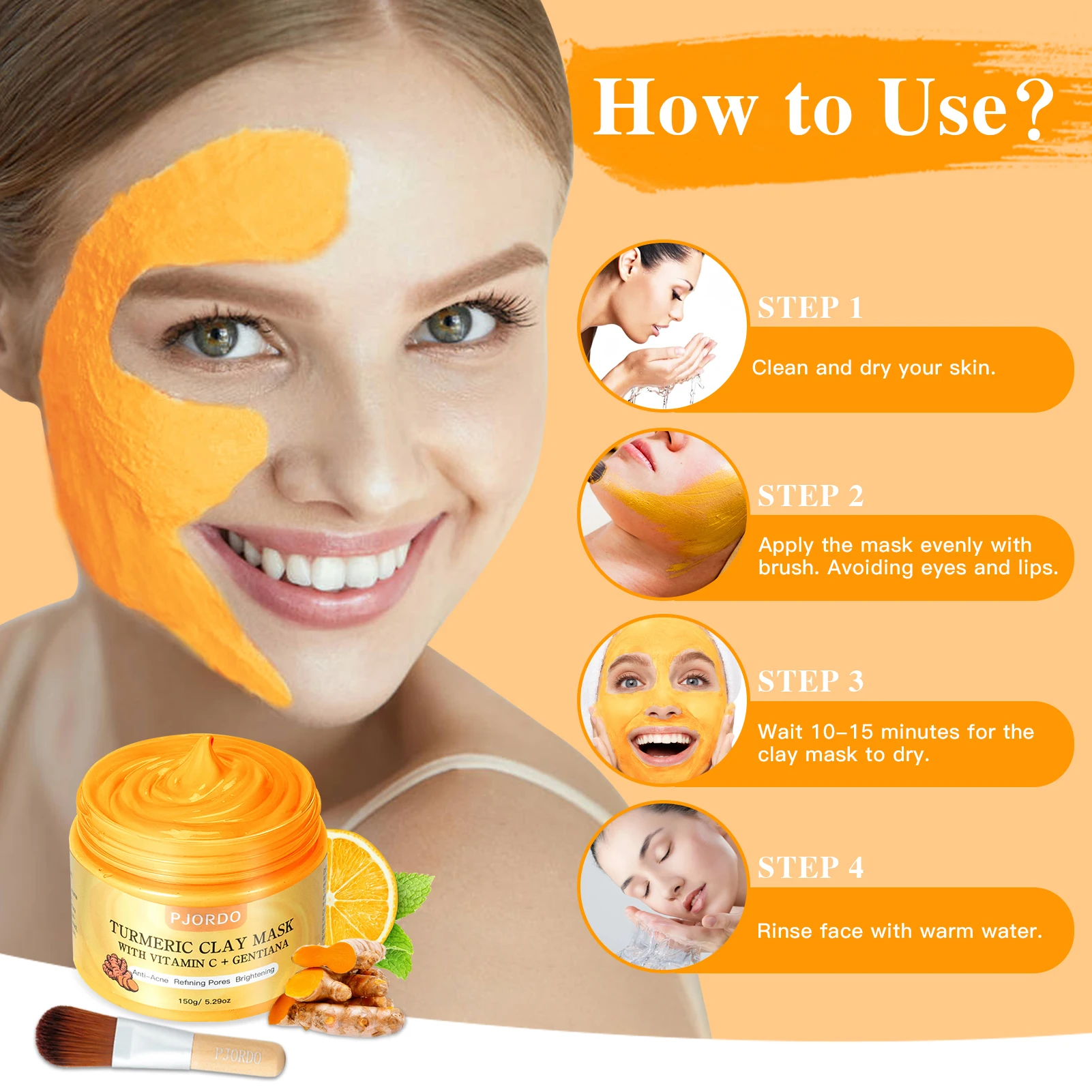 Private Label OEM/ODM Organic Turmeric Vitamin C Facial Mud Mask Face Skin Care Anti-Acne Refining Pores Brightening Clay Mask