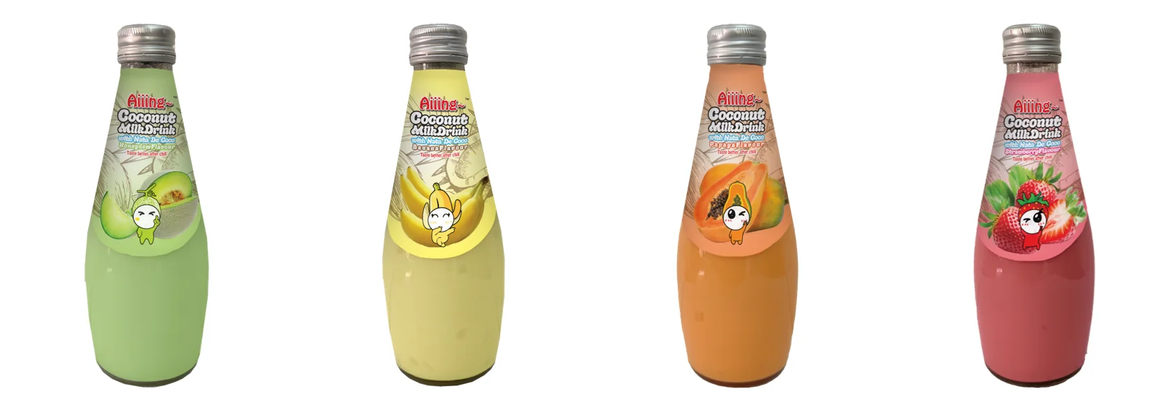 Aiiing Coconut Milk with Nata De Coco - Strawberry Flavour Coconut Milk Coconut Juice Nata De Coco 290ml Glass Bottle