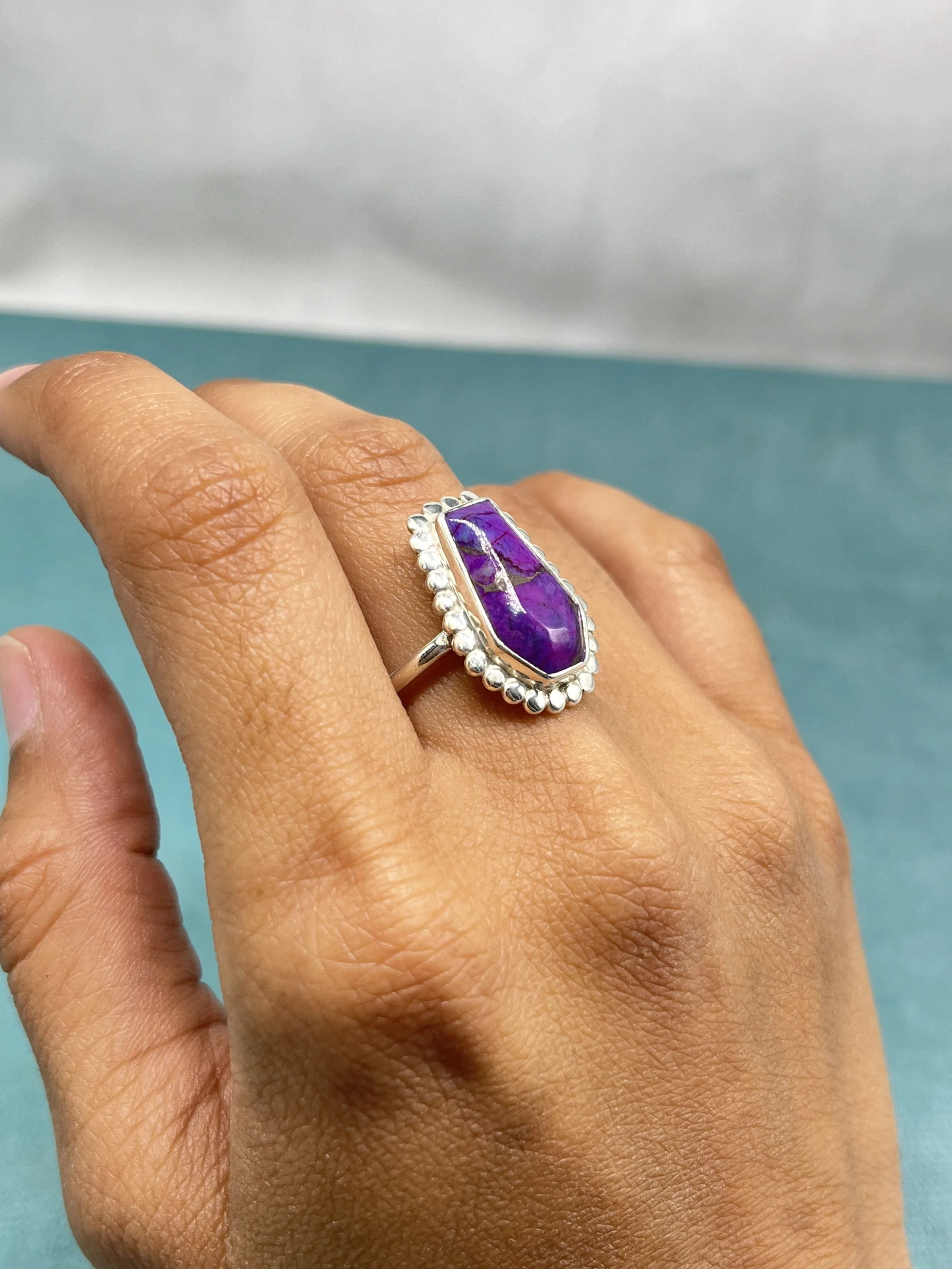 Natural Purple Copper Turquoise Rings coffin shape rings  Handmade rings Silver jewellery manufacture Gemstone manufacture