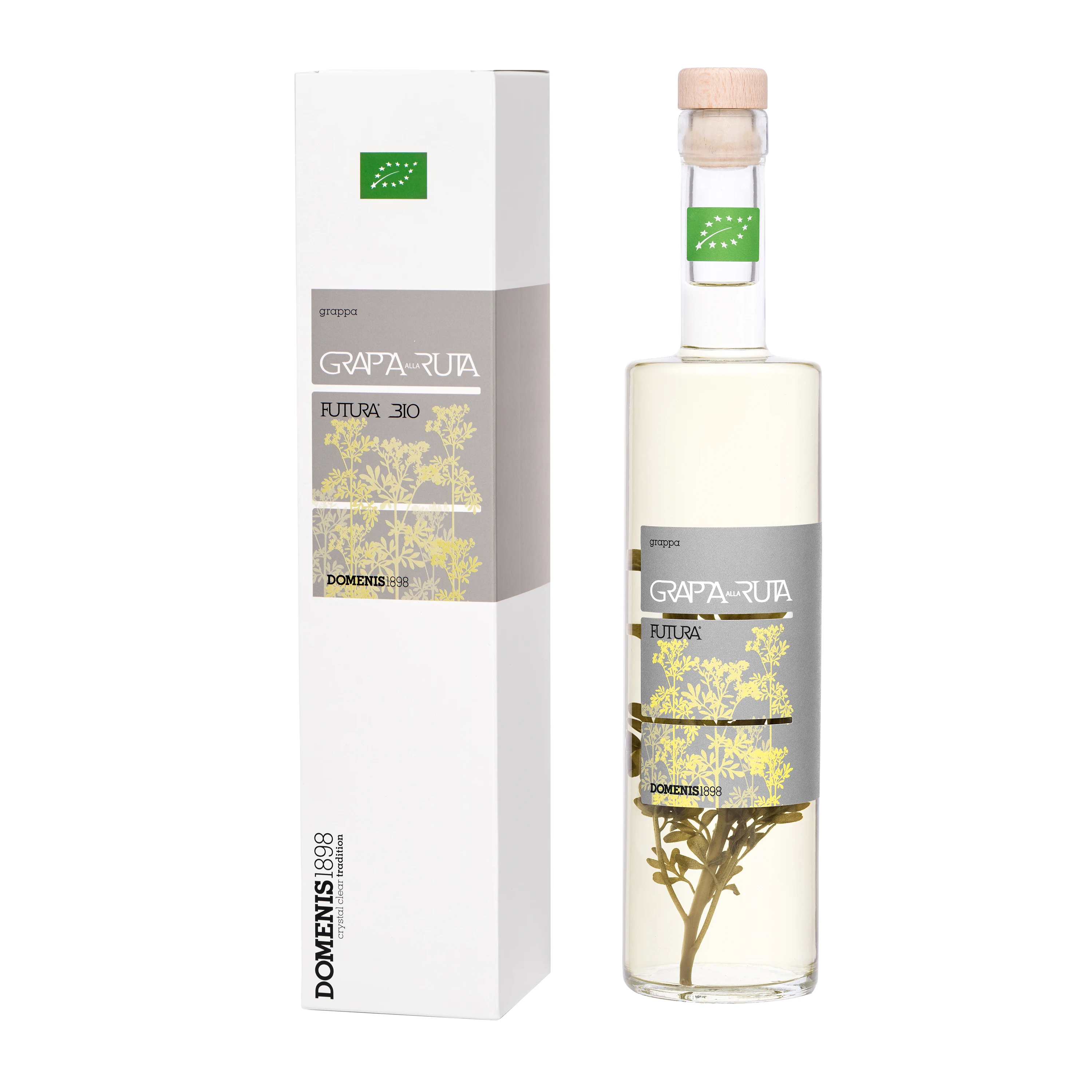 Premium Italian Organic FUTURA BIO Grappa alla Ruta 50 cl glass bottle
