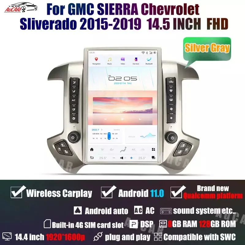 Автомобильный радиоприемник AuCAR 14,4 дюйма, последняя модель T-Style, Android 11, DVD-плеер, GPS-навигация, стерео для Chevrolet Silverado GMC Sierra 2015-2019