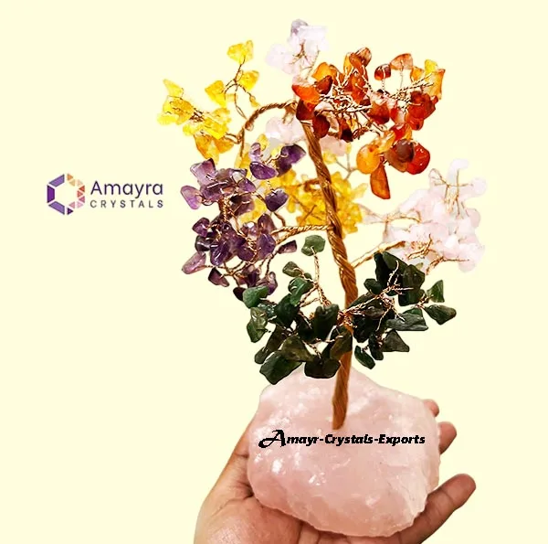 Handmade Gemstone Chakra Stone Trees With Rose Quartz Base Natural Agate trees for Gifts Buy From Amayra crystals Exports India