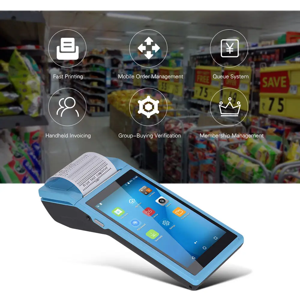 Android POS Terminal Receipt Printer, 58mm Handheld Barcode Scanner Printer with 5.5in IPS Display