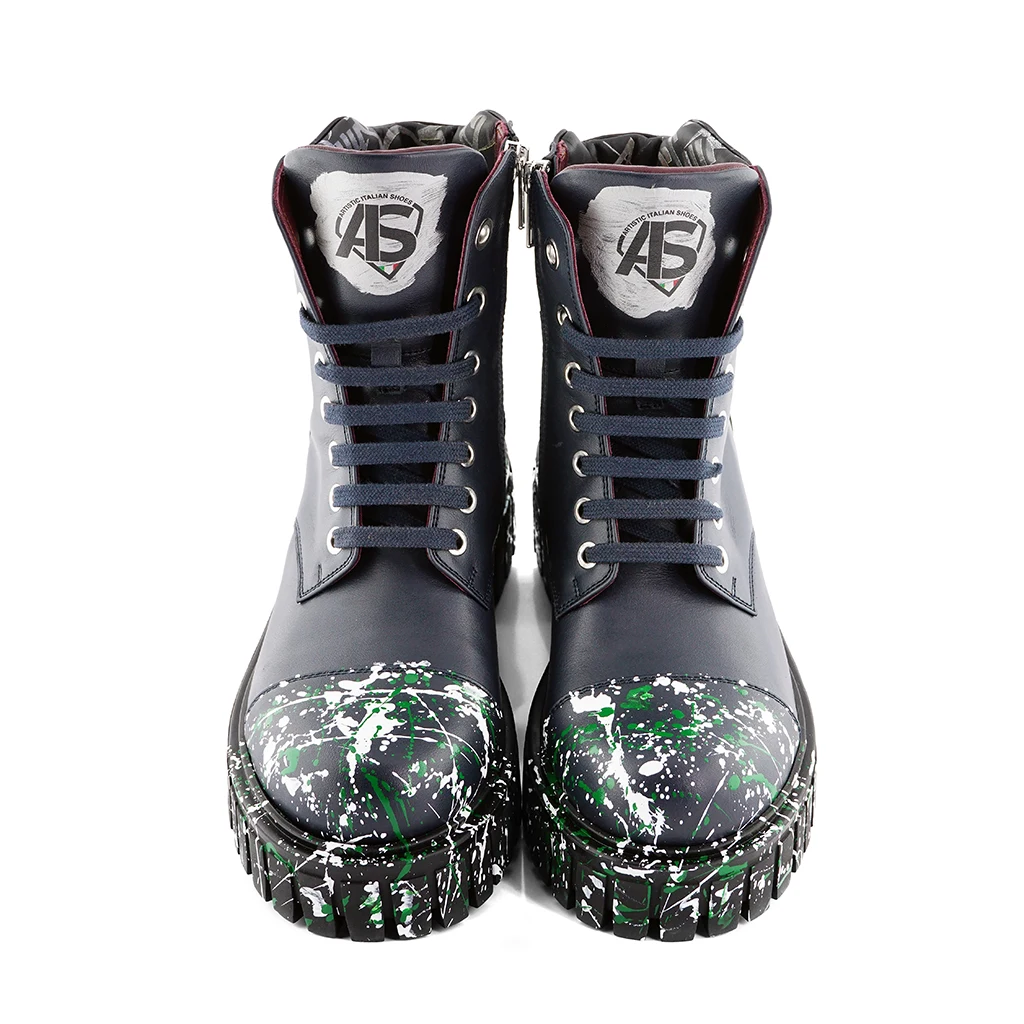 HIGH QUALITY YOUNG HANDMADE BLACK LEATHER ANKLE BOOT GREEN DETAILS WALKING MAN BOOT MADE IN ITALY