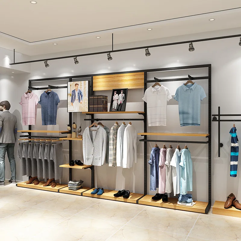 Custom boutique women garment clothes metal wood display racks retail store gold men clothing furniture shelf stand for store