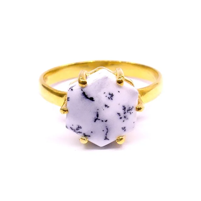 Sterling Silver 925 Fashionable and Pure Gold Plated Hexagon Dendrite Opal Precious Gemstones Rings. Trendy and Charm Rings