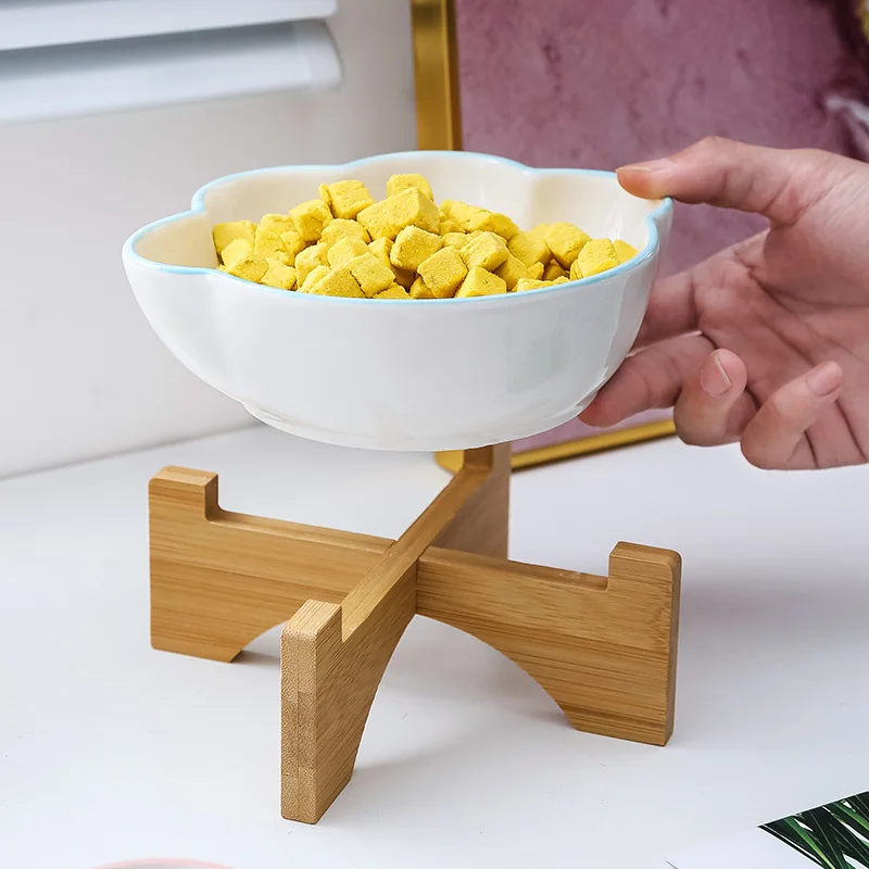 Cute Ceramic Elevated Food and Water Pet Bowl For Dogs and Cats with wooden shelf