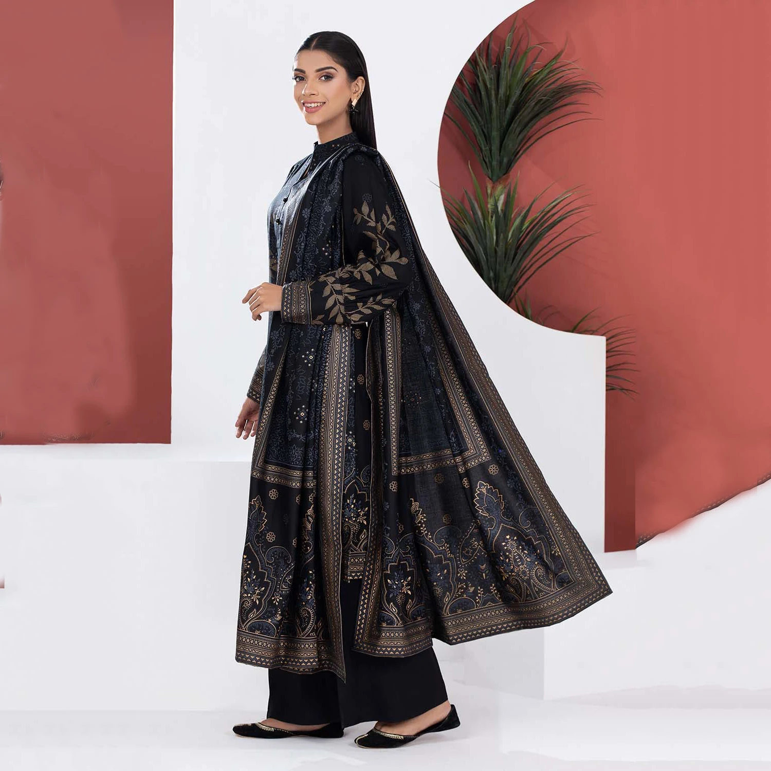 Wedding Wear Long Shirt Elegant Long Sleeve Printed Dress Pakistani Salwar Kameez With Dupatta
