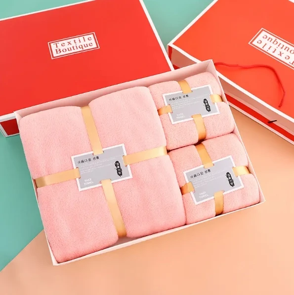 Top Quality Home Hotel Towels Bath Sets Skin-friendly Highly Absorbent Soft Coral Fleece 3-piece Bath Towel Set Wedding Souvenir