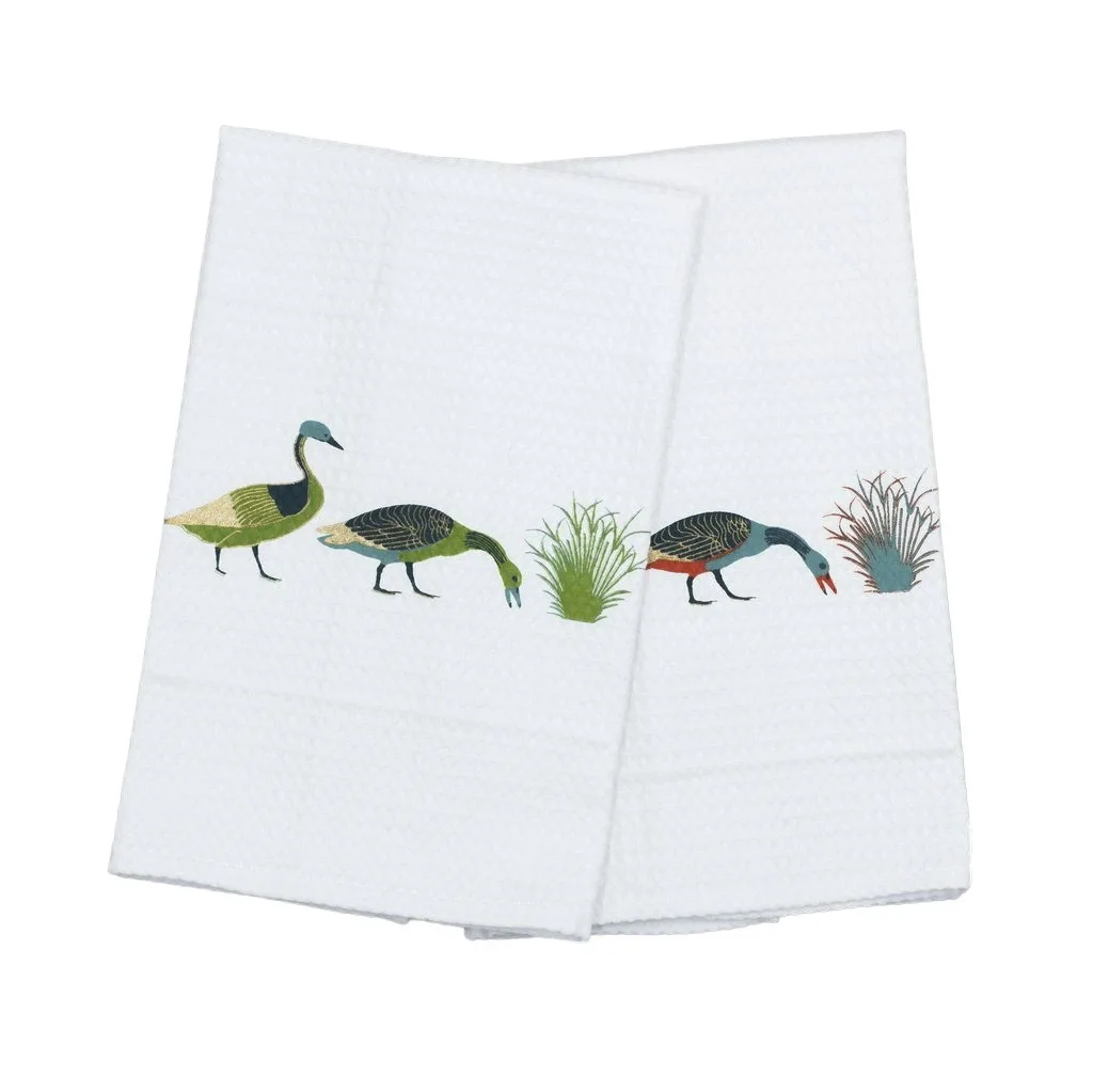 Embroidery Green Goose Kitchen Towels in White Waffle Weave Cotton Fabric Embroidery Hand Towels Quang Thanh Embroidery