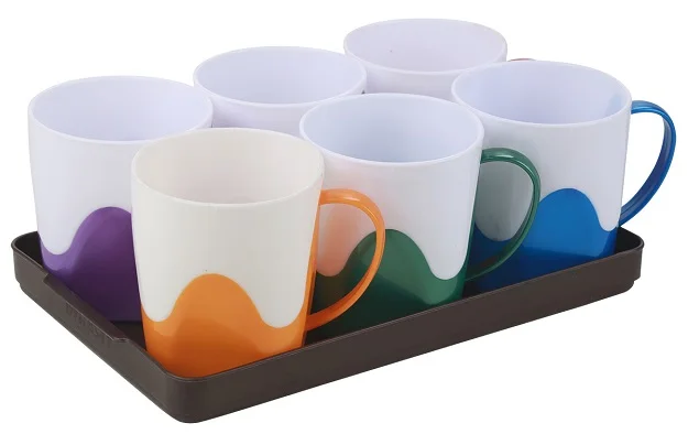 Plastic Drinkware Tumbler Coffee Microwave Safe Reusable Mugs Bob Bon 300 Ml with plastic tray - 6 Pcs set