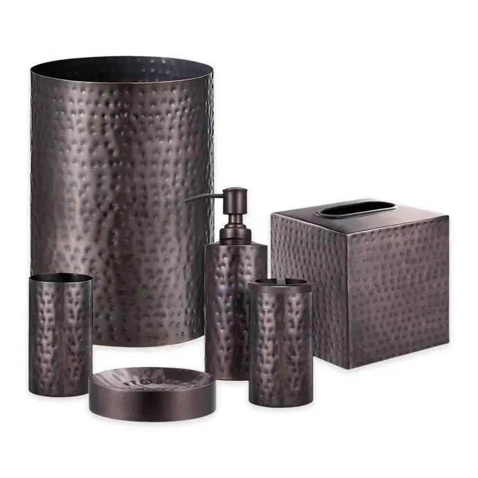 Luxury 5 pieces Bathroom accessories Tray Box Vase Dispenser Metal accessories set for Bathroom or washroom use