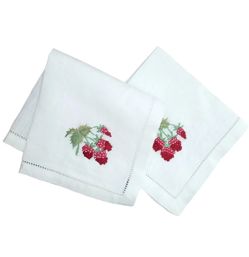 Custom Embroidery Mulberry Fruits Dinner Napkin High Quality White Linen Hemstitch Table Napkin for Home Hotel Events